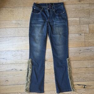 y2k Vintage Women's Blue Low Rise Flare Jeans with Faux Fur Trim mcbling 2000's